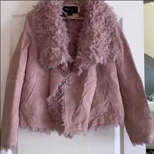New Pale Pink Suede Mongo Trim Moto Coat
